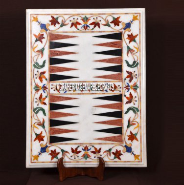 24''x18'' White Marble Marquetry Backgammon Table Hakik Floral Work Inlay Decor