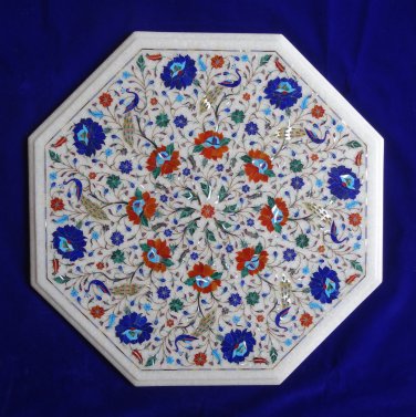 22" White Marble Marble Table Top Italian Inlay Peacock Marquetry Decor Design