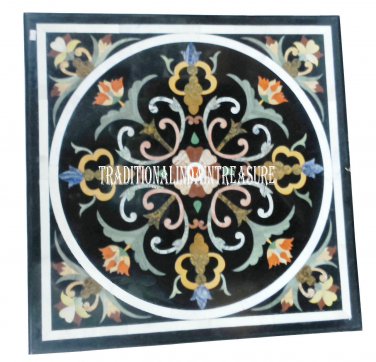 24" Black Marble Square Coffee Side Table Top Inlay Handmade Art Living Decor