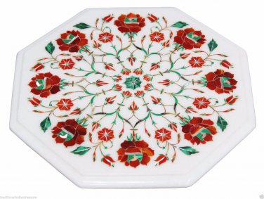 12" White Marble Side Coffee Table Top Marquetry Carnelian Inlay Floral Art Deco