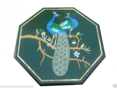 24" Black Marble Side Coffee Table Top Antique Furniture Peacock Pietra Dura Art