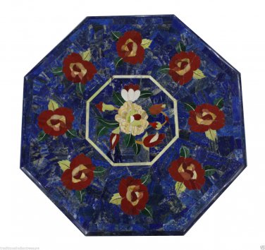 24" Marble Dining Coffee Table Top Flower Lapis Lazuli Marquetry Inlay Gift Deco