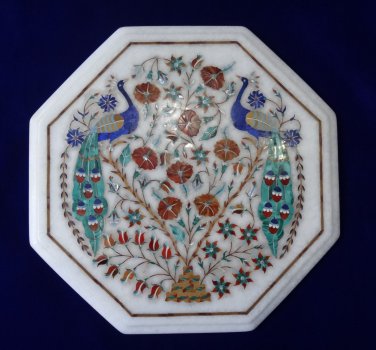 12" White Marble Inlaid Two Peacock Pietra Dura Rare Coffee Table Home Decor Art