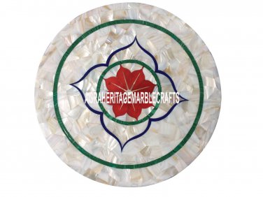 24'' White Marble Coffee Center Round Table Top Abalone Stone Inlaid Patio Decor