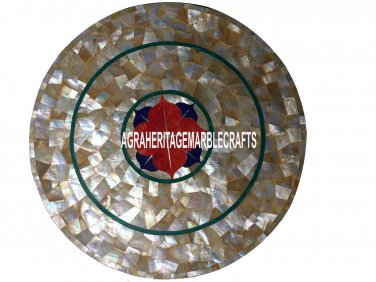 20'' White Marble Marquetry Coffee Table Top Abalone Stone Inlaid Living Decor