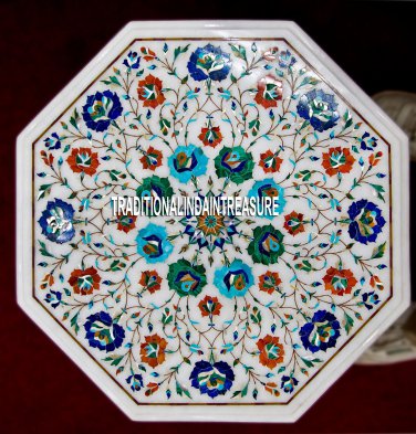 14" White Marble Coffee Table Rare Multi Stone Inlaid Marquetry Furniture Decor