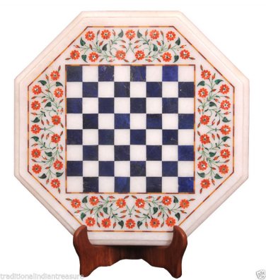 15" White Marble Coffee Chess Table Top Hakik Inlay Work Marquetry Arts Decor