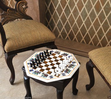 12" White Marble Coffee Chess Table Top Marquetry Semi Precious Mosaic Elephant