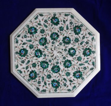 18" Marble inlay Malachite coffee Side Table Lazysusan vintage Living Room Decor