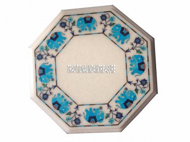 15" White Marble Top Table Turquoise Stone Elephant Inlay Arts Marquetry Decor