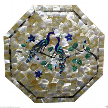 18" Marble Coffee Table Top Pietra Dura Abalone Inlaid Peacocks Handmade Decor