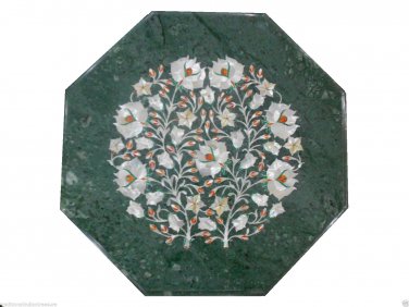 18" Green Marble Coffee Table Top Paua Shell Floral Decor With Wooden Stand Art