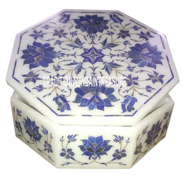 White Marble Jewelry Ring Box Lapis Lazuli Stone Inlay Mosaic Decor Bset Gifts
