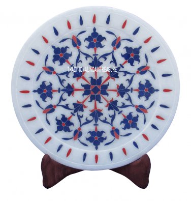 8" Marble Serving Plate Round Lapis Stone Inlay Gems Kitchen Decorative Gifts