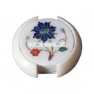 White Marble Coffee Coaster Set Lapis Floral Art Inlay Marquetry Kitchen Decor