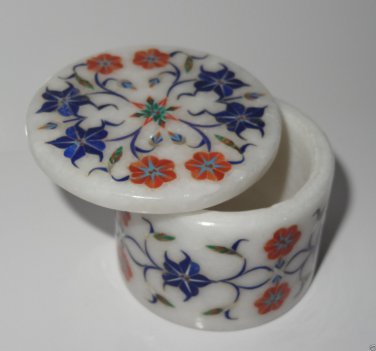 Round Marble Carnelian Lapis Lazuli Mosaic Flower Jewellery Box Marquetry Gifts