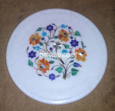 9" Marble White Round Serving Plate Mosaic Hakik Inlay Pietradure Art Decor