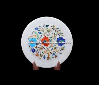 8" Marble Multi Inlaid Round Plate Handmade Mosaic Arts Hallway Decor Gift H5431