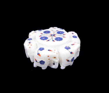 5"x5" Beautiful Marble Storage Box Lapis Inlay Stone Elephant Art Decor H5542A