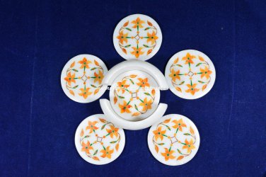 Marble Coffee Coaster Set Mosaic Floral Real Arts Inlay Hakik Stone Decor H5553