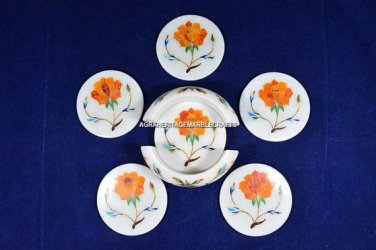 Marvelous Round Custom Marble Coatsres Hakik Floral Design Arts Gift Decor H5551