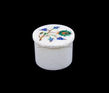 3"x1.5" Round Marble Trinket Box Mosaic Inlay Gemstone Wedding Gift Decor H5506A
