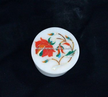 2"x2" Marble Round Trinket Box Carnelian Inlay Floral Valentine Gift Decor H5514