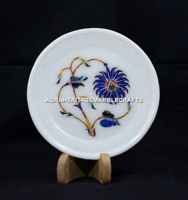 7" Marble Designer Dinner Plate Lapis Marquetry Floral Inlay Kitchen Gift H5444B