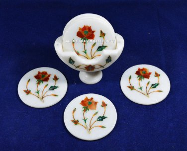 Custom Marble Coffee Coaster Set Floral Arts Carnelian Inlay Mosaic Decor H5557