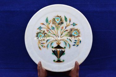8" Marble Round Serving Plate Marquetry Real Fine Inlay Occasional Decor H5437