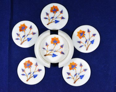 Marble Drinkware Coaster Set Hakik Floral Inlay Stones Kitchen Accessories H5561