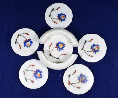 Round White Marble Coffee Decorative Coasters Lapis Mosaic Inlay Art Decor H5570