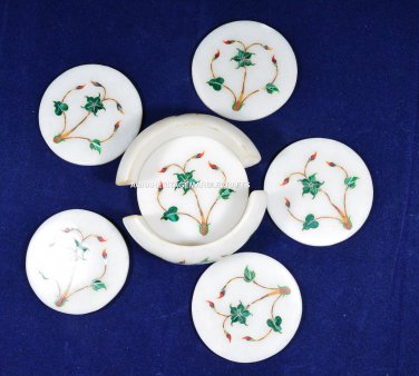 Exclusive Marble Coaster Round Gift Set Precious Malachite Gemstone Decor H5571