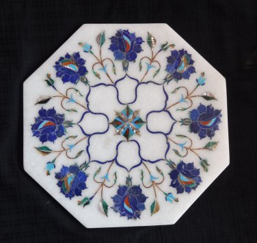 8" White Marble Tile Lapis Lazuli Handmade Pietra Dura Art Floral Home Decor Art