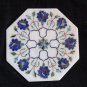 8" White Marble Tile Lapis Lazuli Handmade Pietra Dura Art Floral Home Decor Art