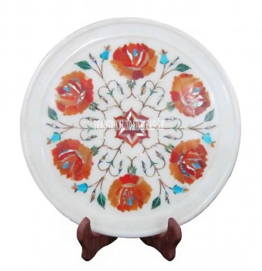 10" White Marble Round Plate Hakik Inlay Work Mosaic Collectible Art Home Decor