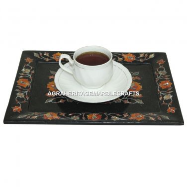 9"x6" Black Marble Seving Tray Hakik Inlay Floral Work Kitchen Gift Decor E89