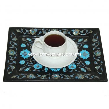 9"x6" Black Marble Tray Turquoise Inlay Floral Fine Work Decorative kitchen E93