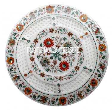 13" White Marble Plate Real Hakik Inlay Filigree Work Pietradure Art Table Decor
