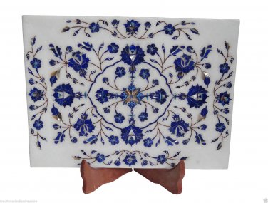 Marble Serving Dish Plate Real Lapis Stone Marquetry Floral Art Deco Gifts