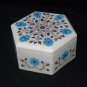 Marble Hexagon Turquoise Floral Art Jewelry Box Semi Precious Decor Gifts Art