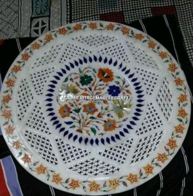 White Marble Filligree Round Plate Hakik Multi Inlay Work Interior Decor H4493