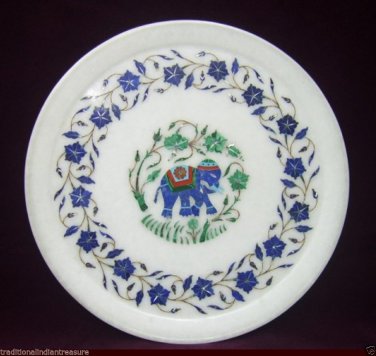 White Marble Serving Dish Plate Rare Lapis Elephant Mosaic Inlay Arts Home Decor