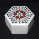 Marble Hexagon Red Coral Jewelry Box Inlaid Trinket Handmade Mosaic Home Decor