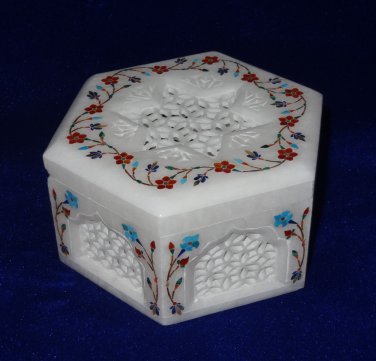 Marble Hexagon Jewelry Box Hakik Inlaid Trinket Perfect Home Gifts Decor Arts
