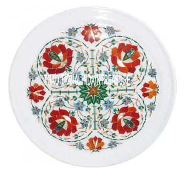 12" Marble Round Slab Plate Coral Mosaic Floral Inlay Gemstone Kitchen Decor