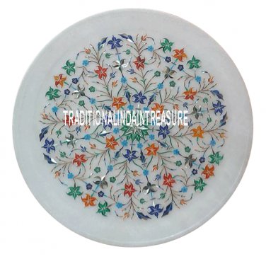 12" Small Marble Round Dish Plate Stone Inlay Pietradura Peak Holiday Decor Gift