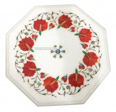12" White Marble Coffee Table Top Carnelian Marquetry Inlay Work Special Gift
