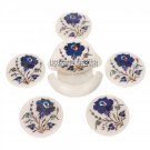 White Marble Coffee Coaster Set Lapis Lazuli Floral Work Arts Inlay Decor Gifts