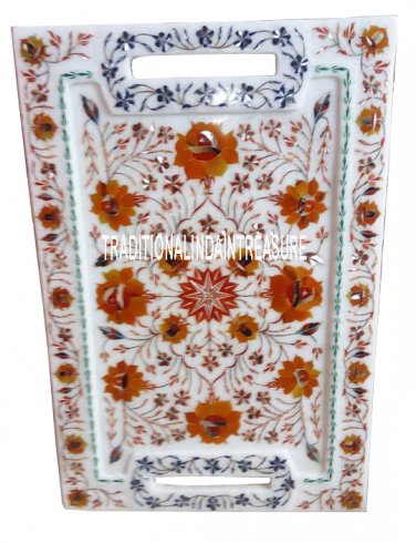 12"x18" Marble Serving Tray Plate Rare Carnelian Inlay Floral Mosaic Table Decor